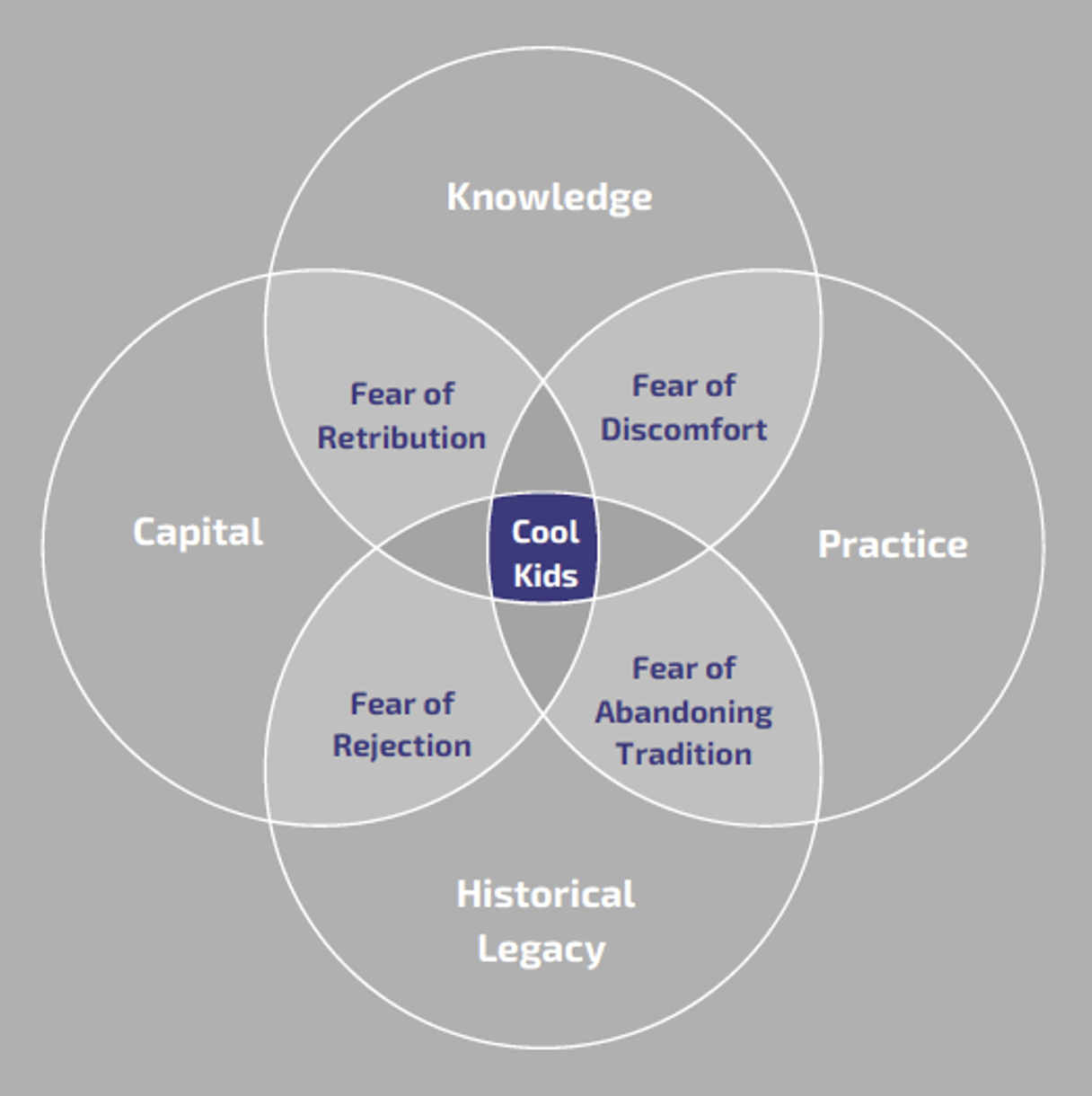 Figure Description: Four circles overlap to create a Venn diagram showing how foundations of a historical legacy of exclusion and specific exclusions of capital, knowledge, and practice interact to support and perpetuate fears. The overlap of the top circle, exclusion by knowledge, with the left circle, exclusion by capital, creates the space for fear of retribution. The overlap of the top circle with the right circle, exclusion by practice, produces the space for fear of discomfort. The bottom circle, historical legacy, overlaps with the left circle, exclusion by capital, to produce the space, fear of rejection. The bottom circle overlaps with the right circle, exclusion by practice, to create the space, fear of abandoning tradition. In the middle of the Venn diagram, where all four circles overlap, sits the “cool kids’ table”. 